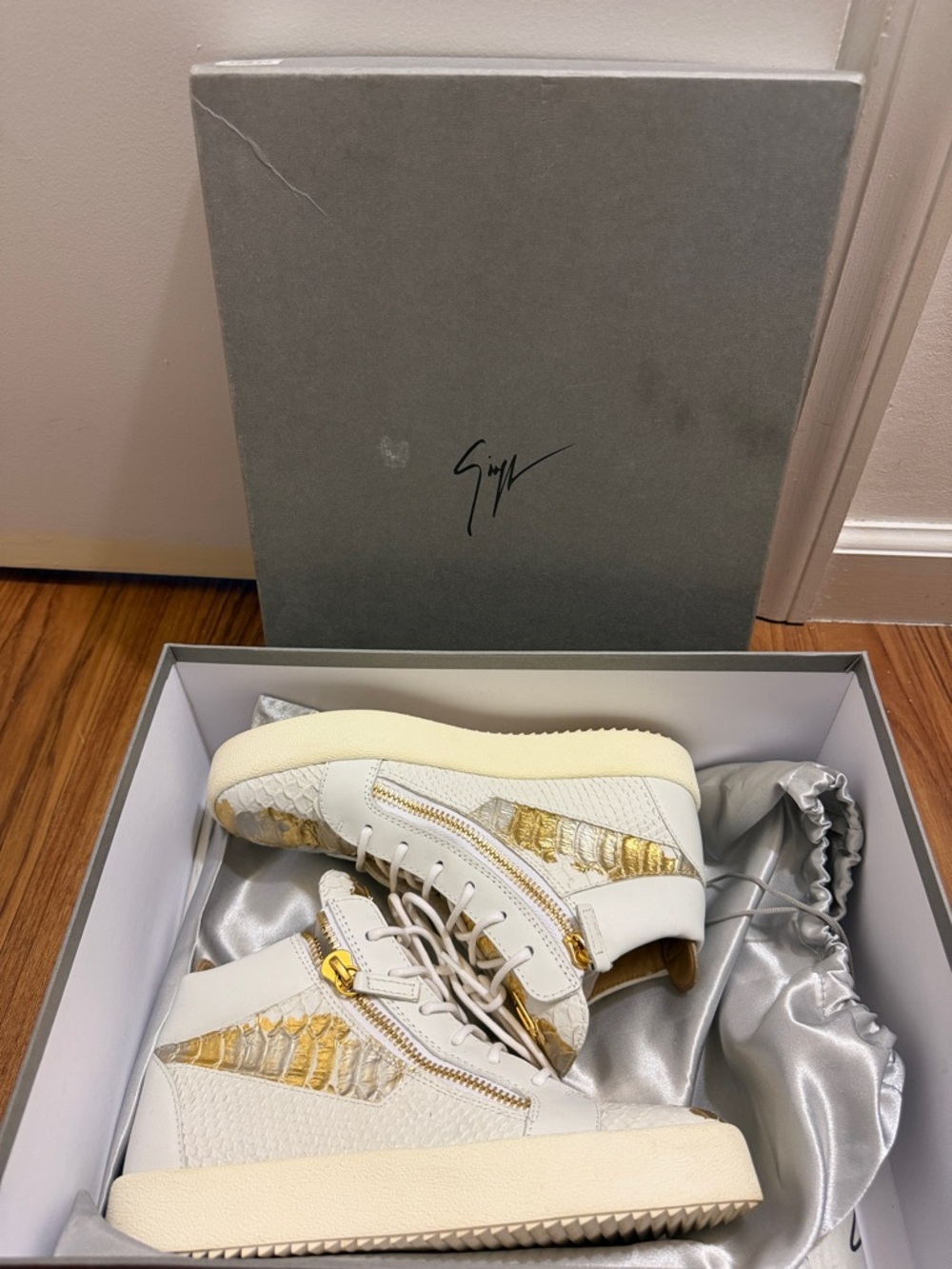 Giuseppe Zanotti White Leather High-Tops with Gold Metallic Accents